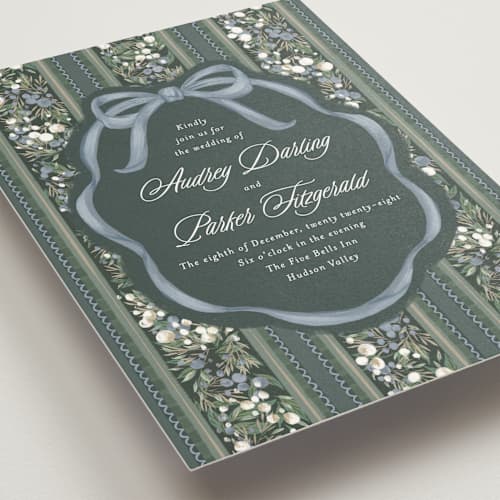 This is a juniper wedding invitations with standard by Jackie Crawford called holiday ribbon printing on signature in standard