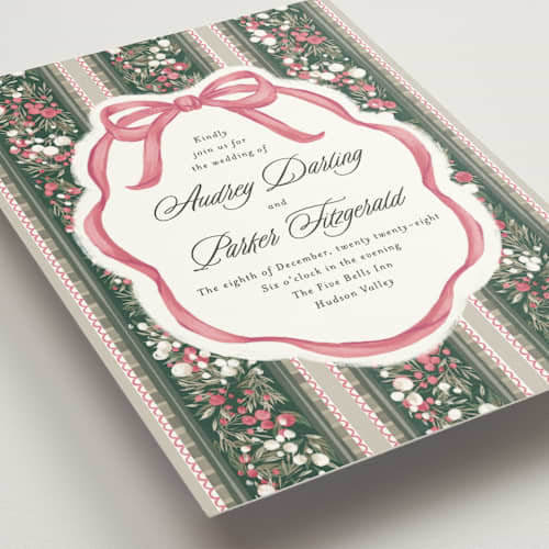 This is a peony wedding invitations with standard by Jackie Crawford called holiday ribbon printing on signature in standard