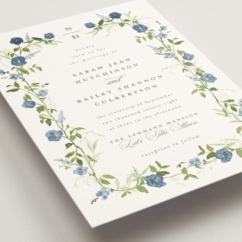 This is a sapphire wedding invitations with standard by Everett Paper Goods called wildflower trellis printing on signature in standard