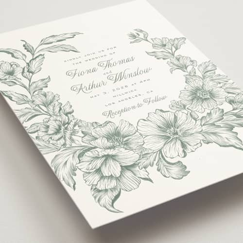 This is a sage wedding invitations with standard by Leah Bisch called wreath in bloom printing on signature in standard