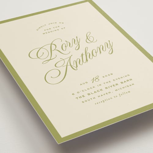 This is a olive wedding invitations with standard by Ellen Schlegelmilch called rory printing on signature in standard