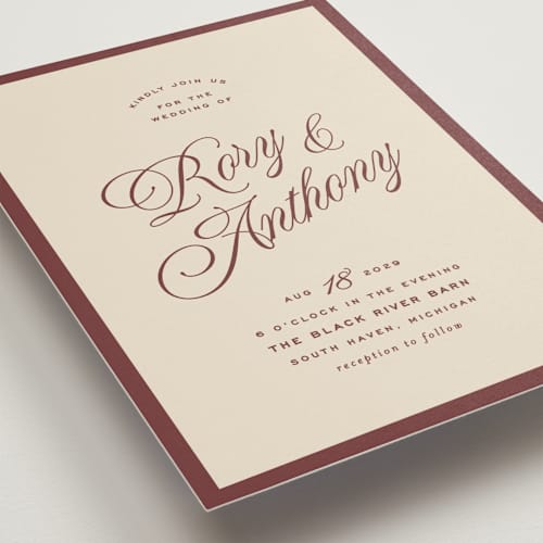This is a burgundy wedding invitations with standard by Ellen Schlegelmilch called rory printing on signature in standard