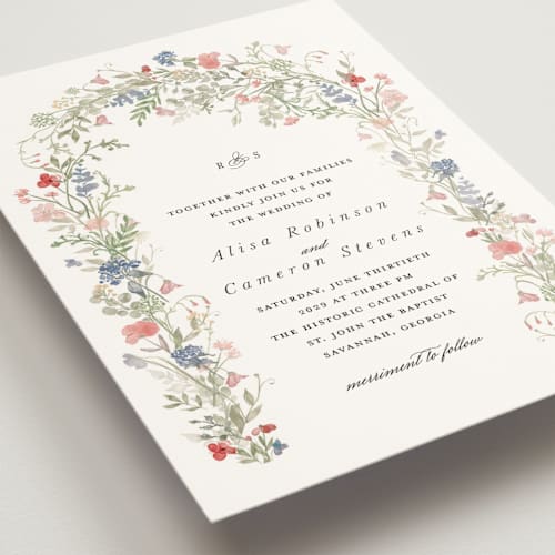 This is a coral wedding invitations with standard by Lori Wemple called flowering arch printing on signature in standard