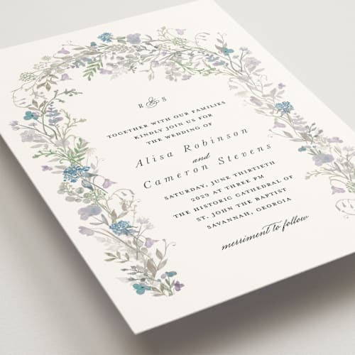 This is a denim wedding invitations with standard by Lori Wemple called flowering arch printing on signature in standard