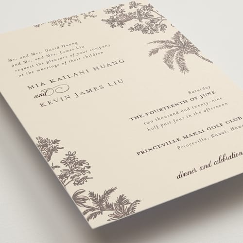 This is a espresso wedding invitations with standard by Jenna Holcomb called vintage tropics printing on signature in standard