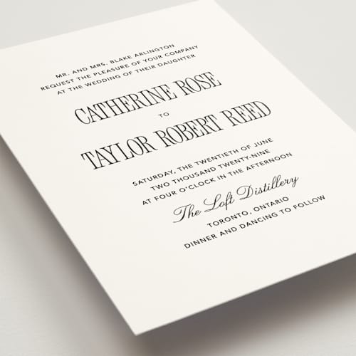 This is a silk wedding invitations with standard by Kelly Schmidt called formal minimalist printing on signature in standard