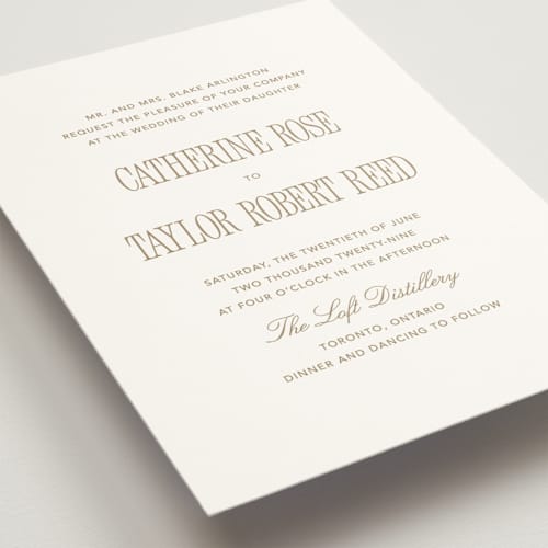 This is a golden wedding invitations with standard by Kelly Schmidt called formal minimalist printing on signature in standard