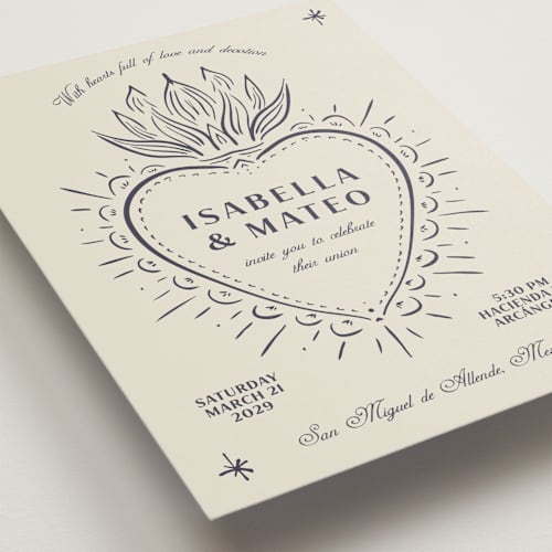 This is a indigo wedding invitations with standard by Ani Somi called milagro printing on signature in standard