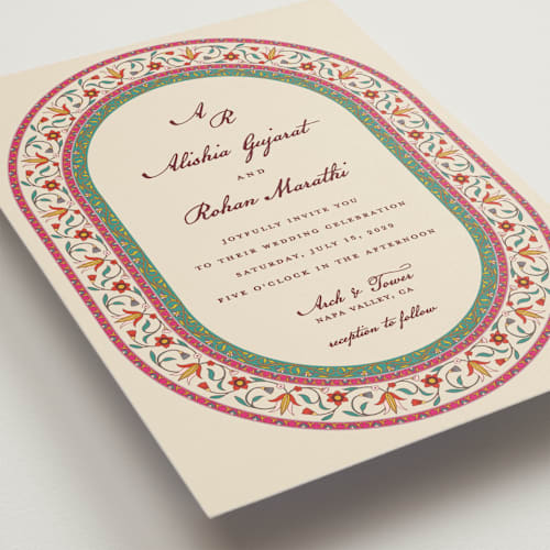 This is a ivory wedding invitations with standard by Sherley Ferreira called mughal gardens printing on signature in standard