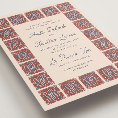 This is a terracotta wedding invitations with standard by Katharine Watson called block print tile printing on signature in standard