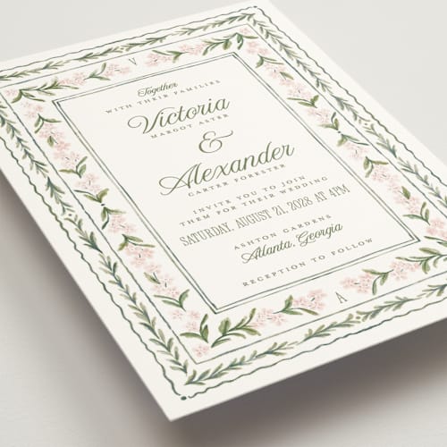 This is a peony wedding invitations with standard by Jenna Holcomb called vintage sketched printing on signature in standard