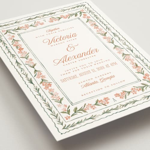 This is a persimmon wedding invitations with standard by Jenna Holcomb called vintage sketched printing on signature in standard