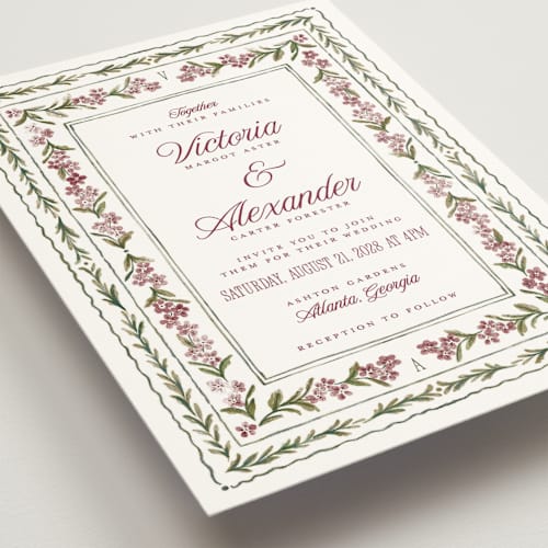 This is a mulberry wedding invitations with standard by Jenna Holcomb called vintage sketched printing on signature in standard