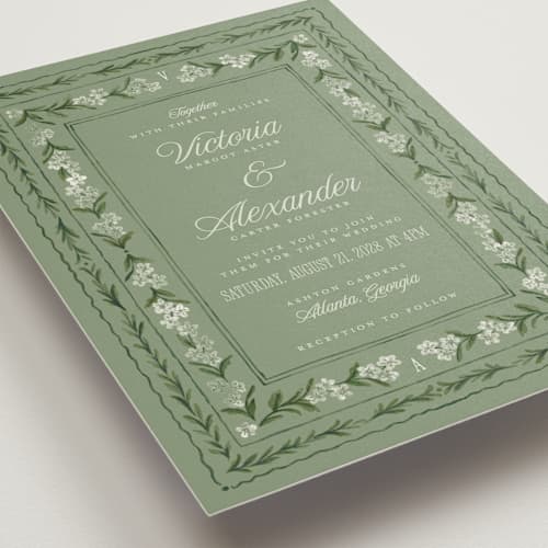 This is a sage wedding invitations with standard by Jenna Holcomb called vintage sketched printing on signature in standard
