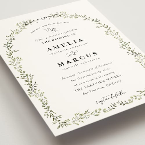 This is a sage wedding invitations with standard by Susan Moyal called monogramed arch printing on signature in standard