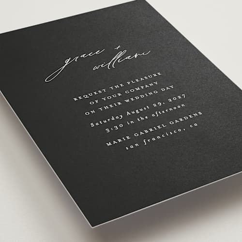 This is a onyx wedding invitations with standard by Angela Thompson called delicate script printing on signature in standard