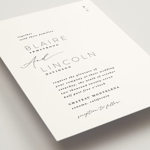 This is a tuxedo wedding invitations with standard by Kate Ahn called paire printing on signature in standard