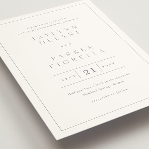 This is a dusty blue wedding invitations with standard by Stacey Meacham called warm affection printing on signature in standard