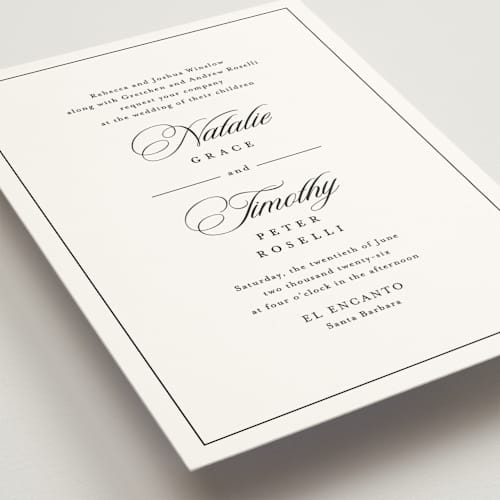 This is a noir wedding invitations with standard by Kimberly FitzSimons called sincerity printing on signature in standard
