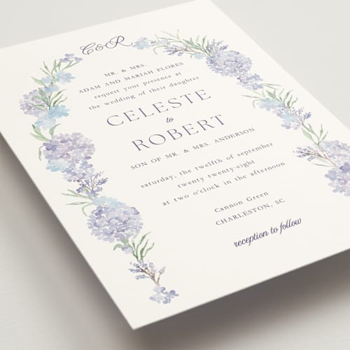 This is a toscana wedding invitations with standard by Claudia Orengo called hydrangea printing on signature in standard
