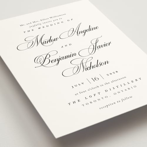 This is a silk wedding invitations with standard by Kelly Schmidt called chic script printing on signature in standard