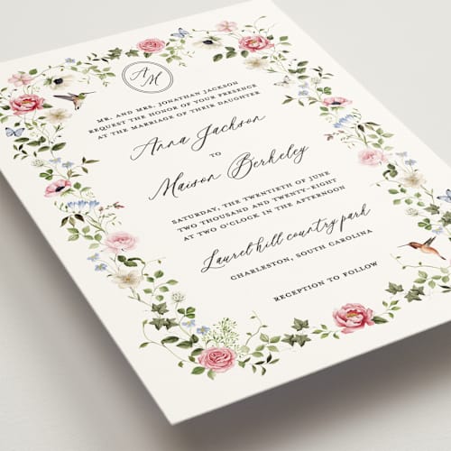 This is a peony wedding invitations with standard by Sarah Knight called ornate printing on signature in standard
