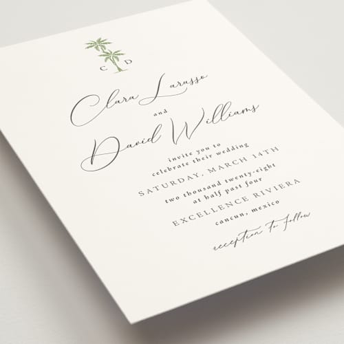 This is a leaf wedding invitations with standard by Olivia Raufman called palm monogram printing on signature in standard