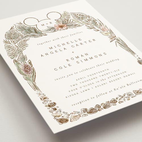 This is a earth wedding invitations with standard by Shiny Penny Studio called disney's mickey mouse tropical frame printing on signature in standard
