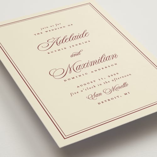 This is a burgundy wedding invitations with standard by Ellen Schlegelmilch called museo printing on signature in standard