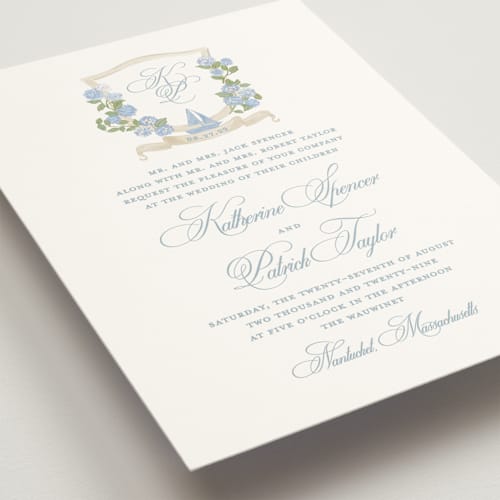 This is a ocean wedding invitations with standard by Creo Study called coastal crest printing on signature in standard