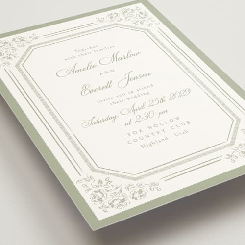 This is a sage wedding invitations with standard by Robert and Stella called constance printing on signature in standard