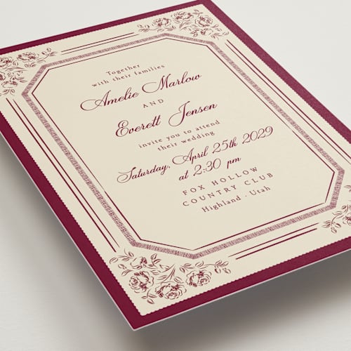 This is a plum wedding invitations with standard by Robert and Stella called constance printing on signature in standard