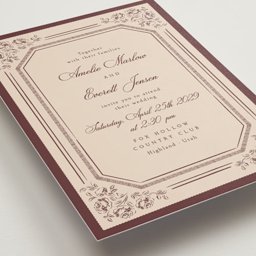 This is a cocoa wedding invitations with standard by Robert and Stella called constance printing on signature in standard