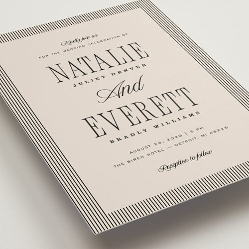 This is a noir wedding invitations with standard by Pixel and Hank called linea printing on signature in standard