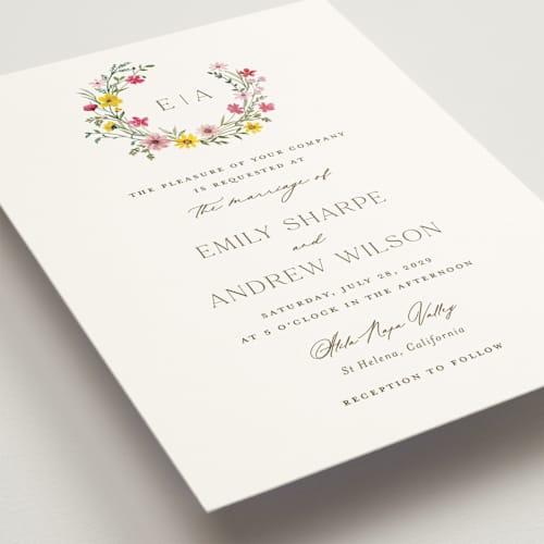 This is a peony wedding invitations with standard by Yaling Hou Suzuki called wildflower wreath printing on signature in standard