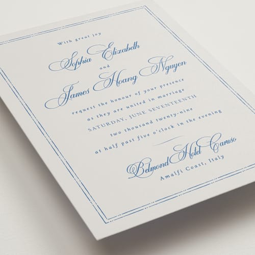 This is a blue mist wedding invitations with standard by Design Lotus called amalfi blue printing on signature in standard