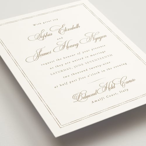 This is a wheat wedding invitations with standard by Design Lotus called amalfi blue printing on signature in standard