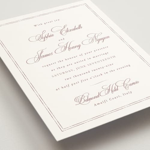 This is a dusty rose wedding invitations with standard by Design Lotus called amalfi blue printing on signature in standard