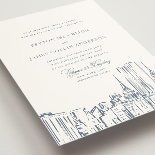 This is a provincial blue wedding invitations with standard by Melinda Denison called new york skyline printing on signature in standard