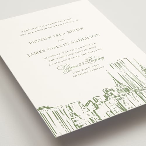 This is a sage wedding invitations with standard by Melinda Denison called new york skyline printing on signature in standard