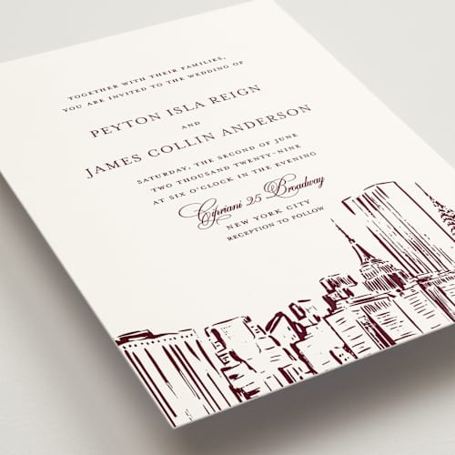 This is a burgundy wedding invitations with standard by Melinda Denison called new york skyline printing on signature in standard