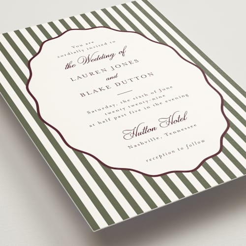 This is a vineyard wedding invitations with standard by Emily Betts called curved frame printing on signature in standard