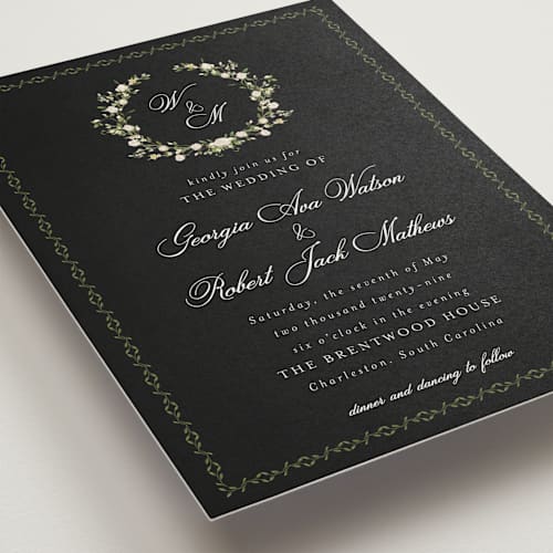 This is a black tie wedding invitations with standard by Susan Moyal called monogramed printing on signature in standard