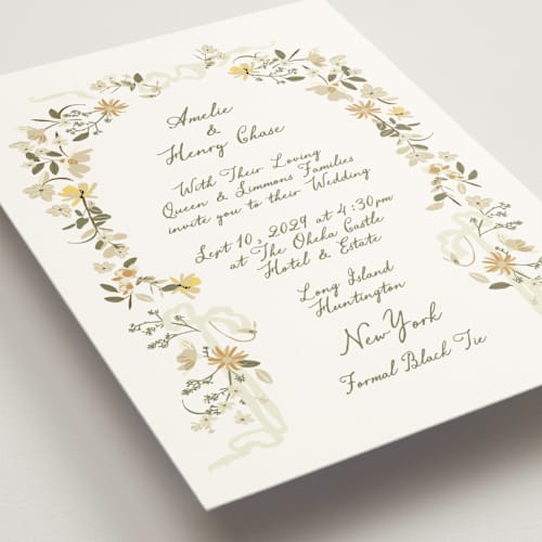 This is a pumpkin spice wedding invitations with standard by Phrosné Barwood called spring draped garland printing on signature in standard