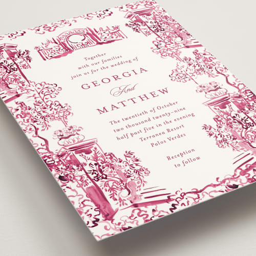 This is a fuchsia wedding invitations with standard by Becky Nimoy called gates and pillars printing on signature in standard