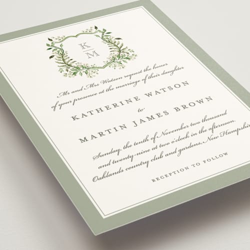 This is a sage wedding invitations with standard by Sarah Knight called greenery crest printing on signature in standard
