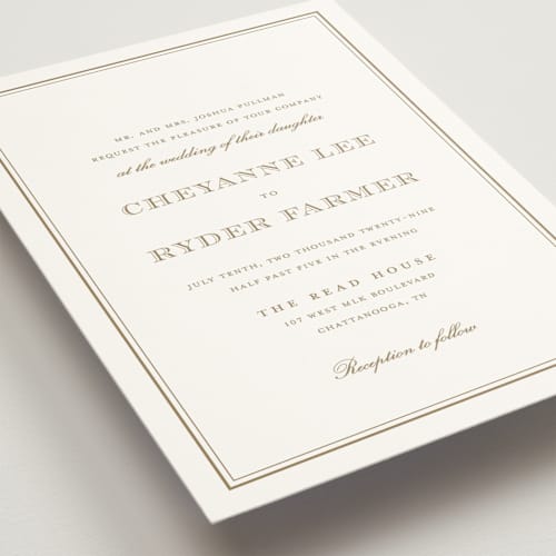This is a brass wedding invitations with standard by Stacey Meacham called engraved names printing on signature in standard