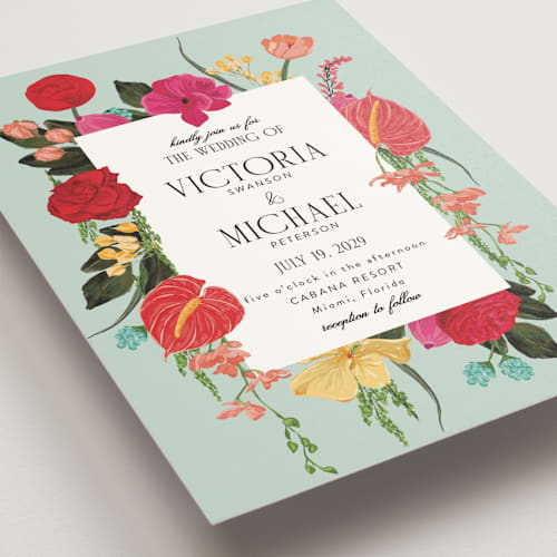 This is a tropical wedding invitations with standard by Susan Moyal called romantics printing on signature in standard
