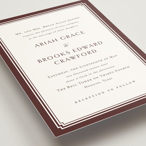 This is a burgundy wedding invitations with standard by Jennifer Postorino called ariah printing on signature in standard