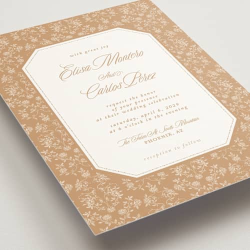 This is a caramel wedding invitations with standard by Sherley Ferreira called vintage garden printing on signature in standard